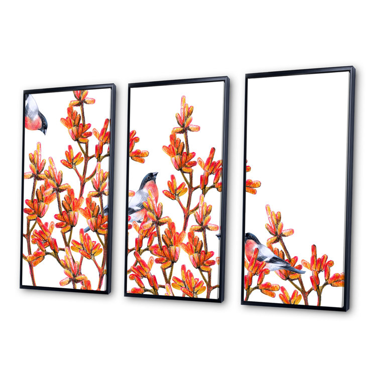 DesignArt Flock Of Bullfinches Birds On Orange Branches Framed On